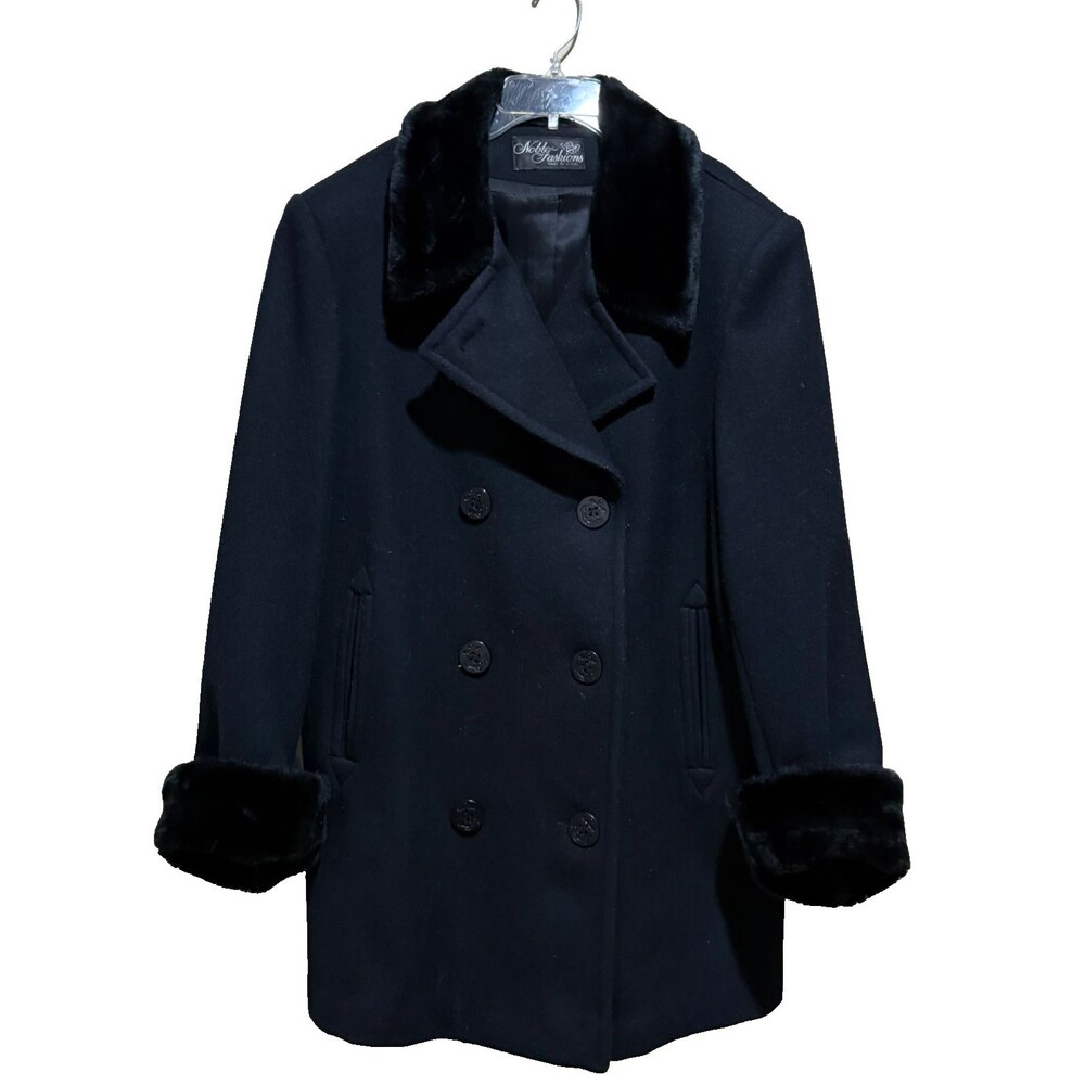 Vintage Noble Fashions Black Wool Peacoat Faux Fur Collar Cuffs Cottage Academia